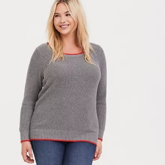 Torrid GREY RIB & BLOOD ORANGE TRIM PULLOVER SWEATER Sz 2 - Picture 1 of 7